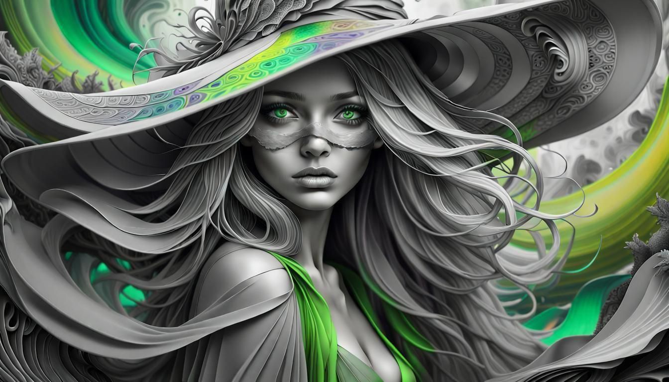 Grayscale Lady with Green Eyes in Digital Painting