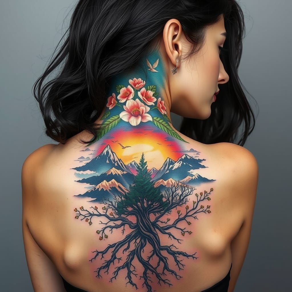 Nature Tattoo Art in Vibrant Surreal Style