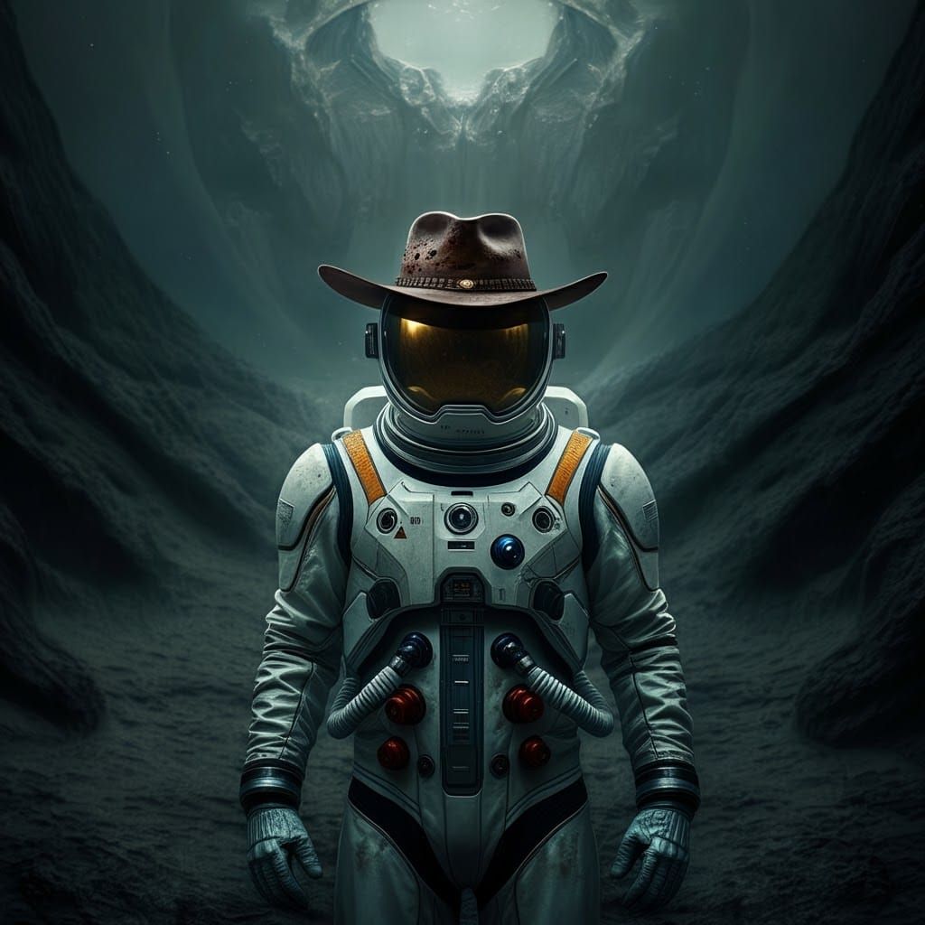 Astronaut Cowboy in Alien Landscape, Moody Art