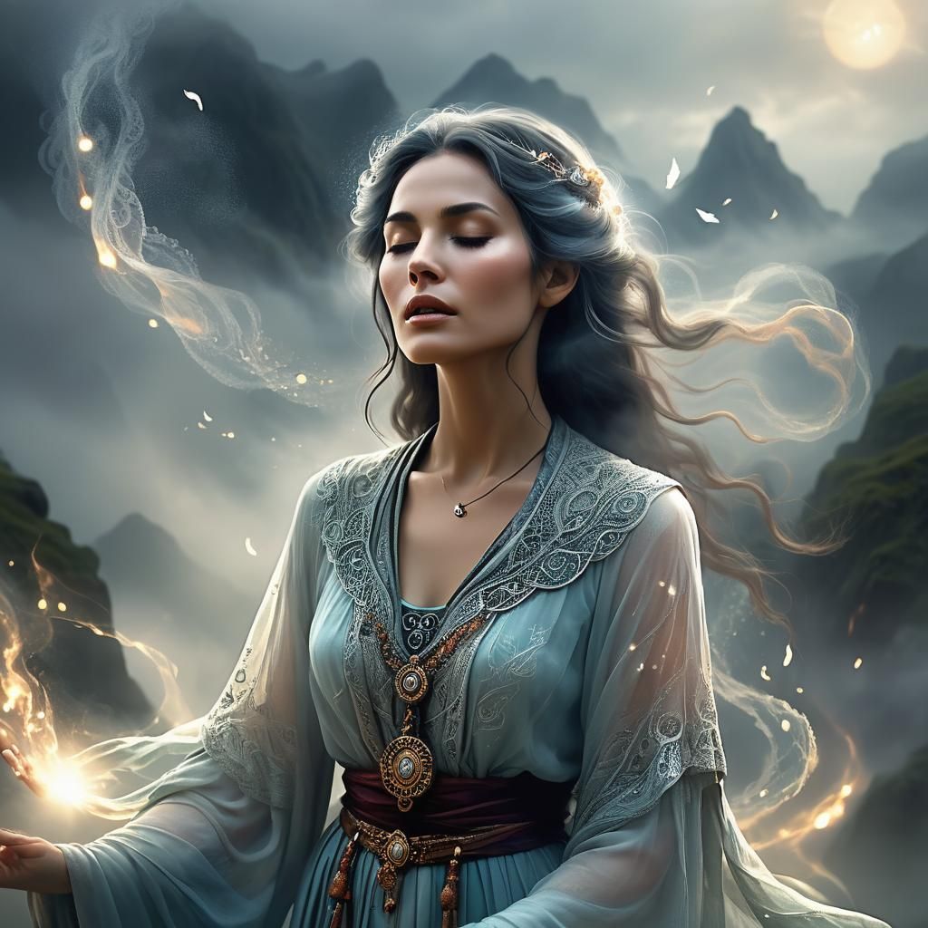 Mystical Woman Singing in Ethereal Landscape, Digital Art