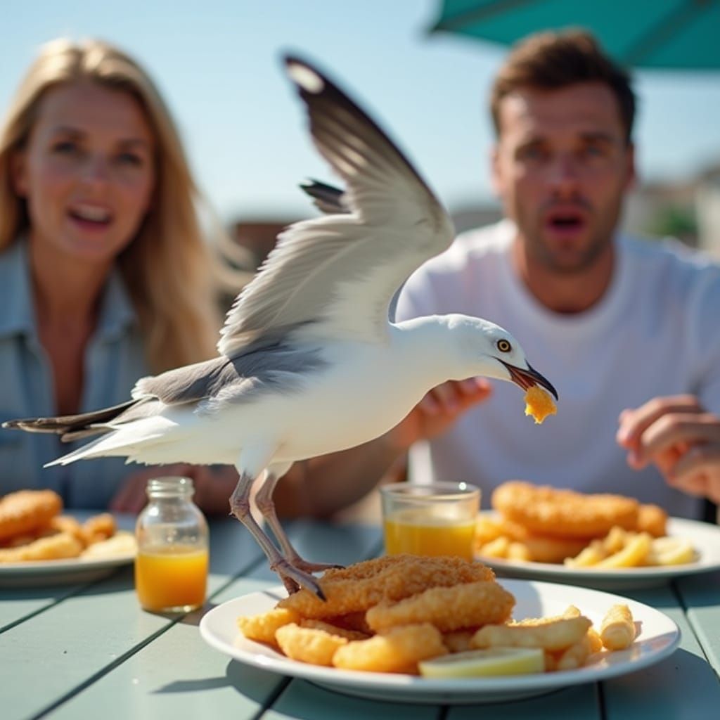 Seagull Steals Chip: A Sunny Outdoor Heist