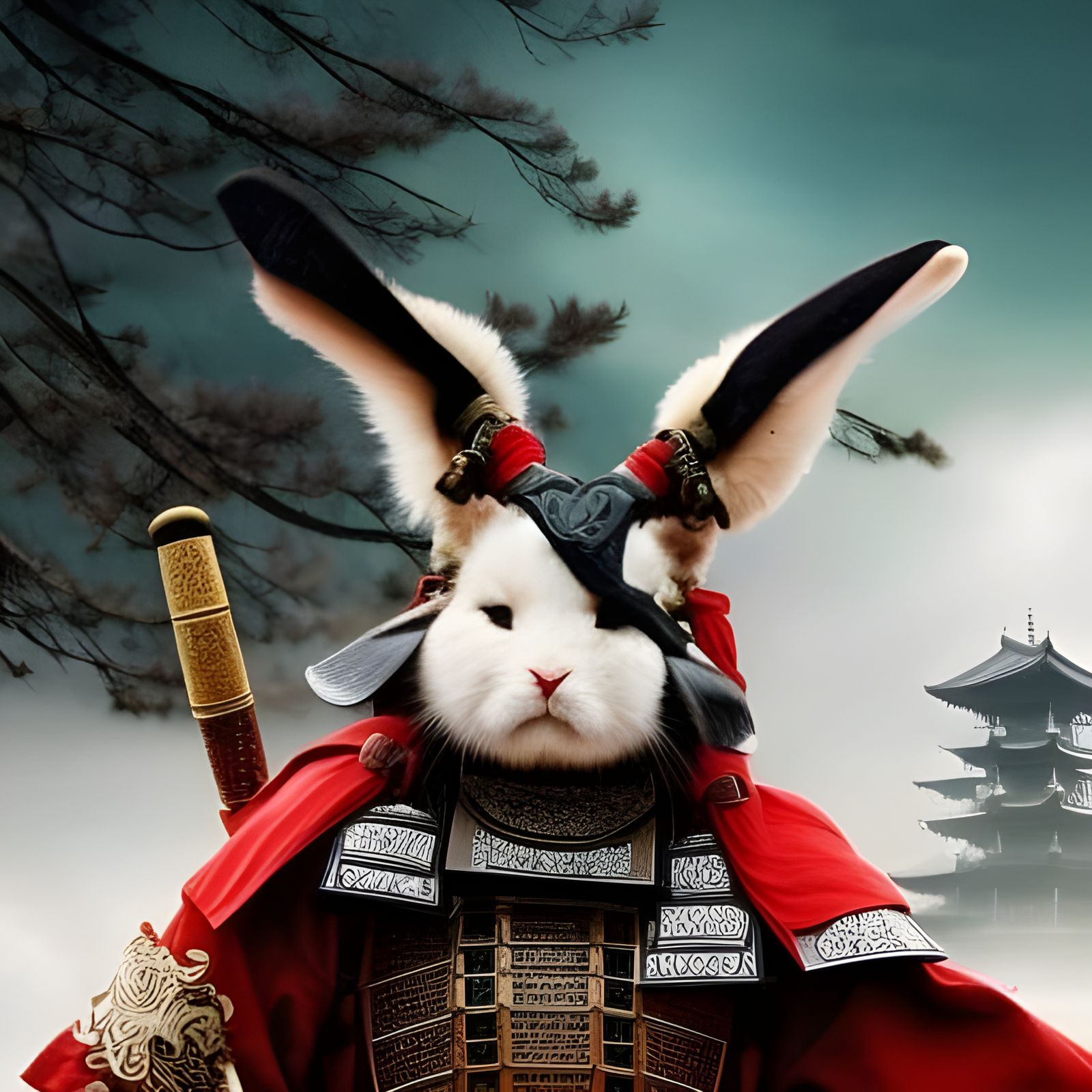 Fluffy Samurai Rabbit Warrior in Japanese Ink Art