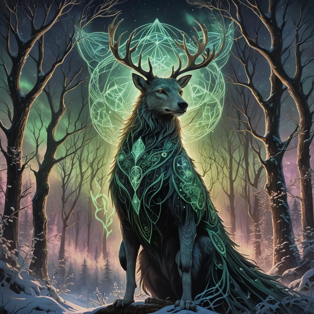 Mystical Creature in Aurora Borealis: Art Nouveau Style