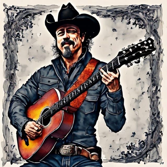 Cowboy Strumming Guitar in Grayscale with Color Splash