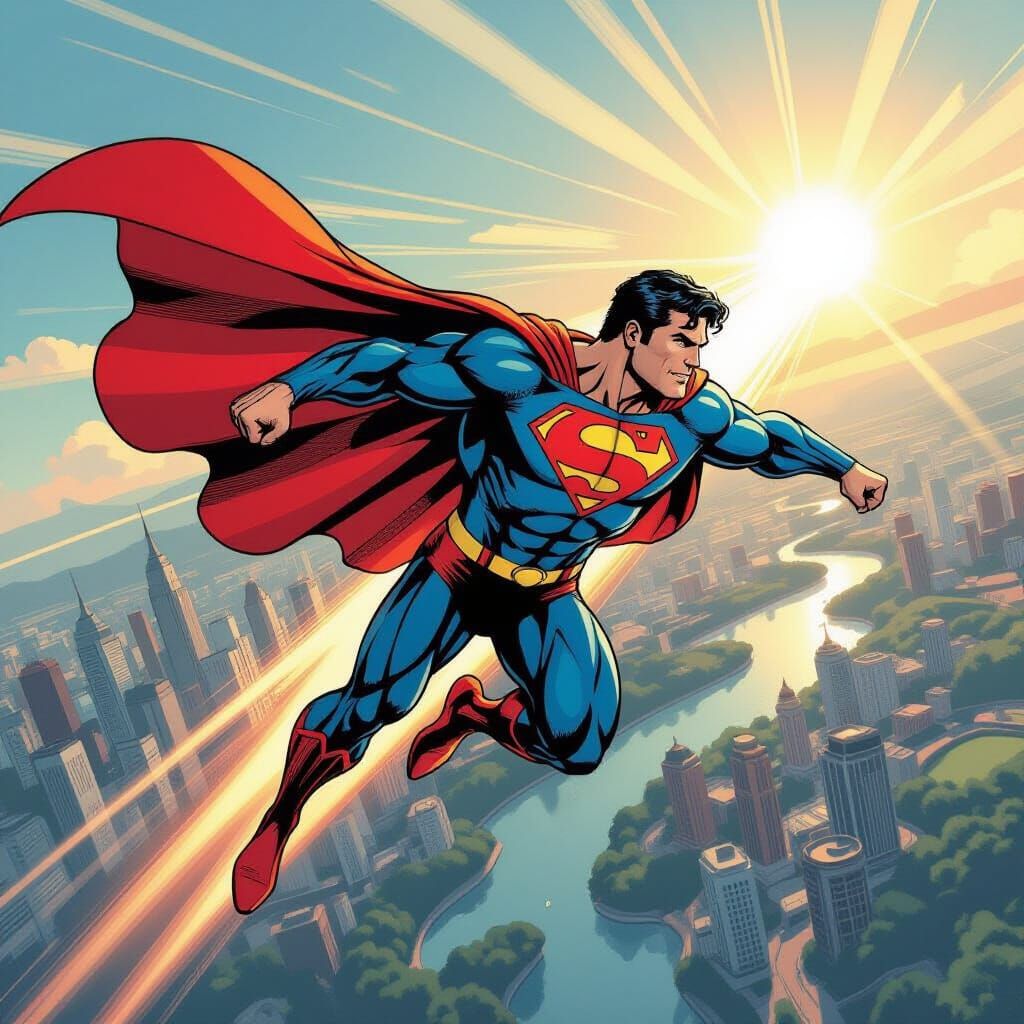 Superman Flyby Over Earth in Comic Book Style