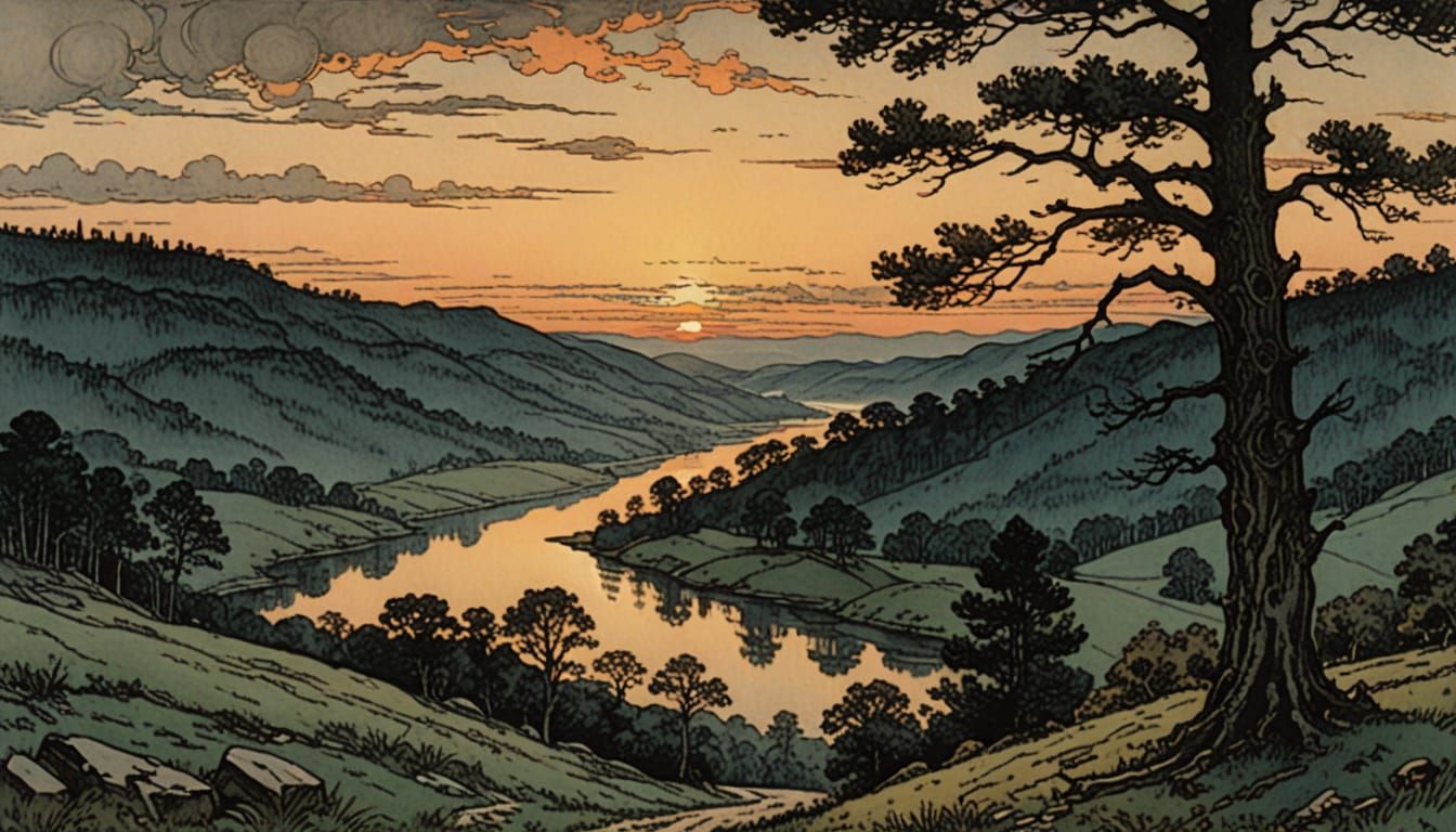 Ozark Sunset in Arthur Rackham Lithograph Style