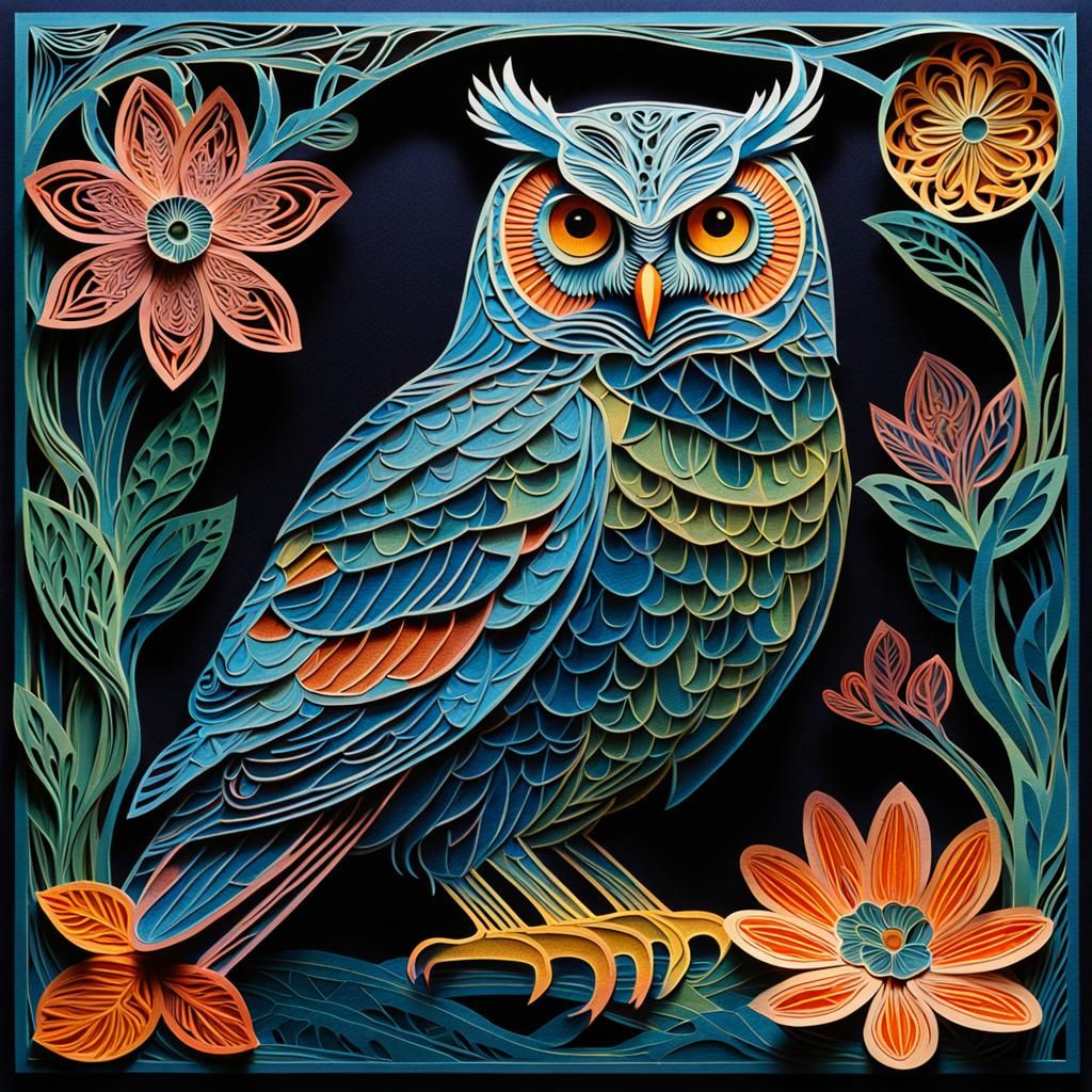 Hyperrealistic Kirigami Owl in Art Nouveau Style