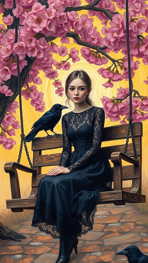 Elegant Gothic Woman Sits Amidst Vibrant Cherry Blossoms in ...