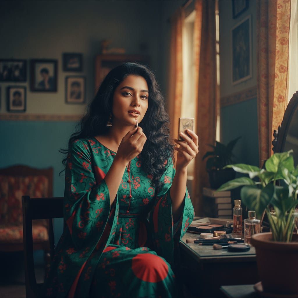 Confident Bangladeshi Girl in Flag Dress, Cinematic Style