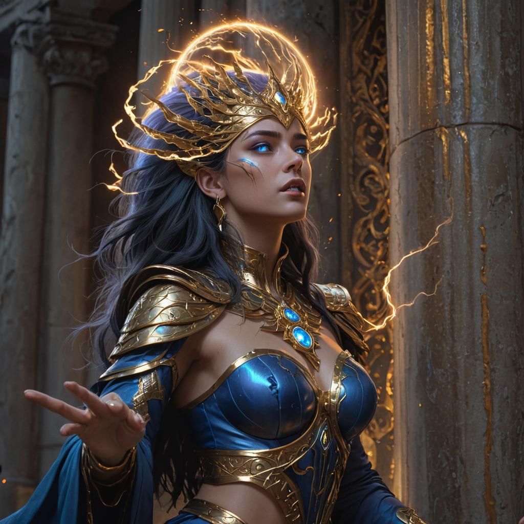 Sorceress Unleashes Lightning Spell, Cosmic Mixed Media