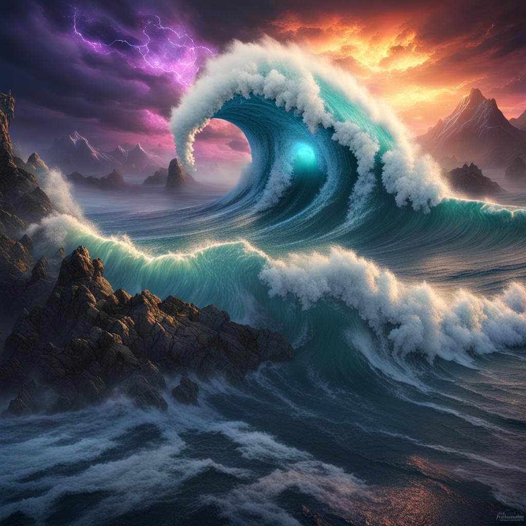 Monster Wave Under Nightlight: Fantasy Concept Art