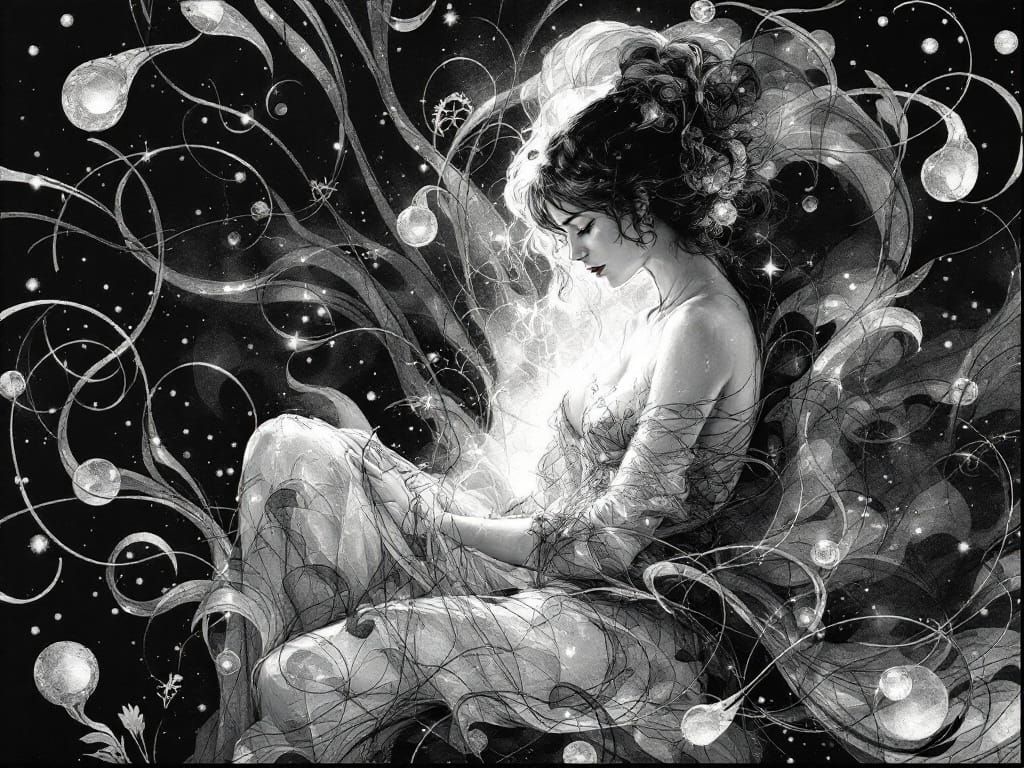 A Crystalline Nocturne Scene with Pearlescent Light and Orga...