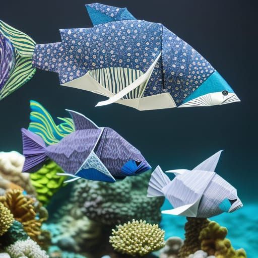 Intricate Origami Fish in Deep Ocean Paper Art