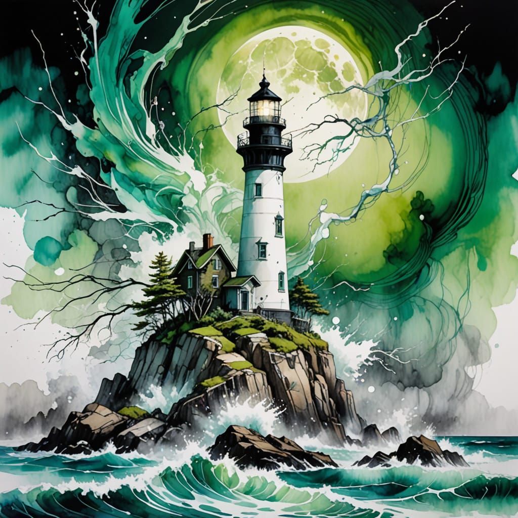 Ethereal Lighthouse in Monochromatic Green