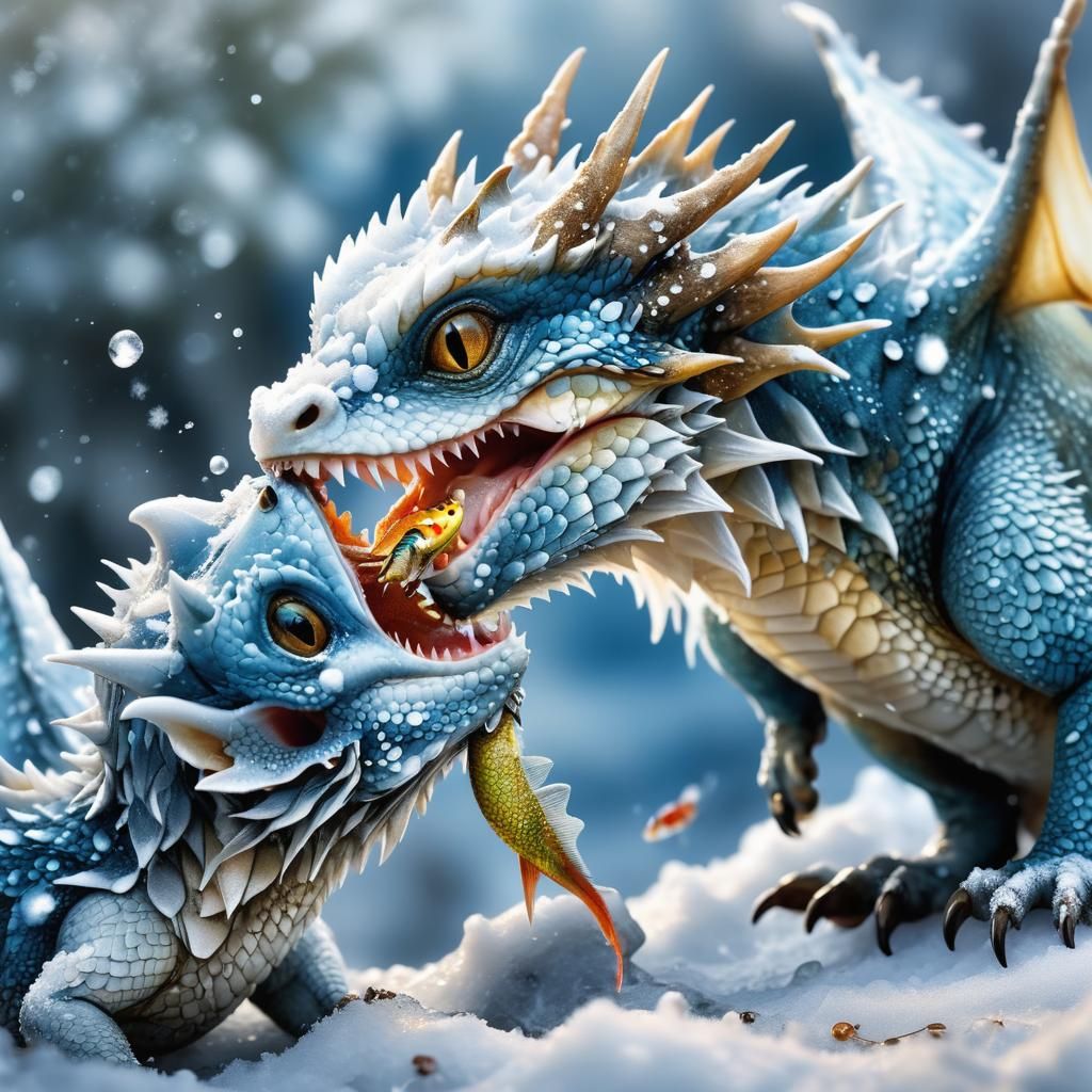 Baby Dragon's Winter Feast: Wildlife Photography Masterpiece