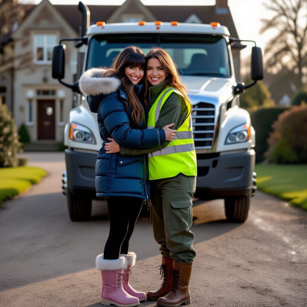 Women Hugging Goodbye at Dawn by Mansion