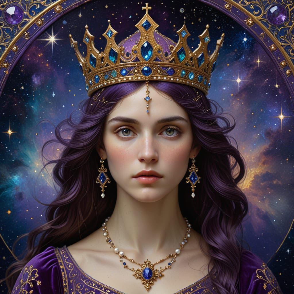 Regal Crown Ablaze with Cosmic Energy as Pre-Raphaelite Mast...