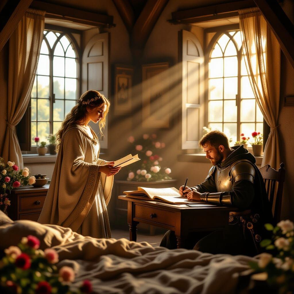 Medieval Healer and Monk at Dawn, Pre-Raphaelite Style