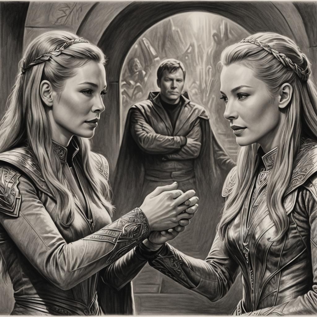 Captain Kirk and Galadriel: Charcoal Drawing