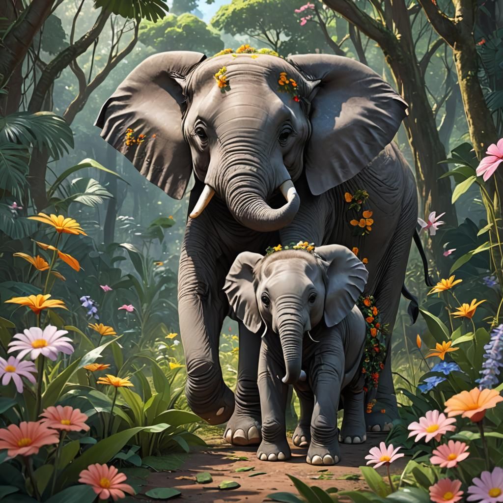 Elephant Family in Jungle Paradise: 3D Anime Art