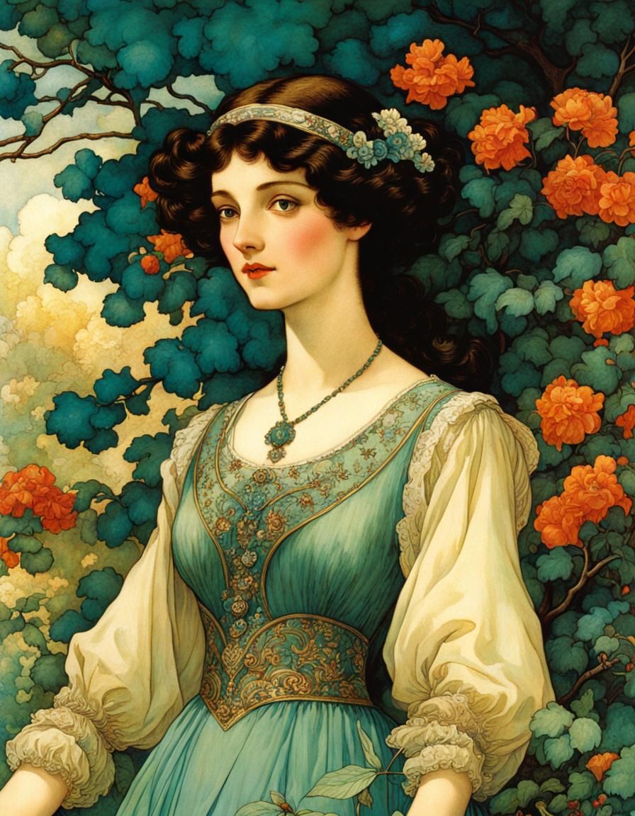 Brunette in Spring Garden, Fantasy Illustration