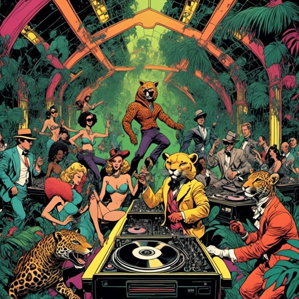 Vibrant Jungle Nightclub Party in Comic Book Style