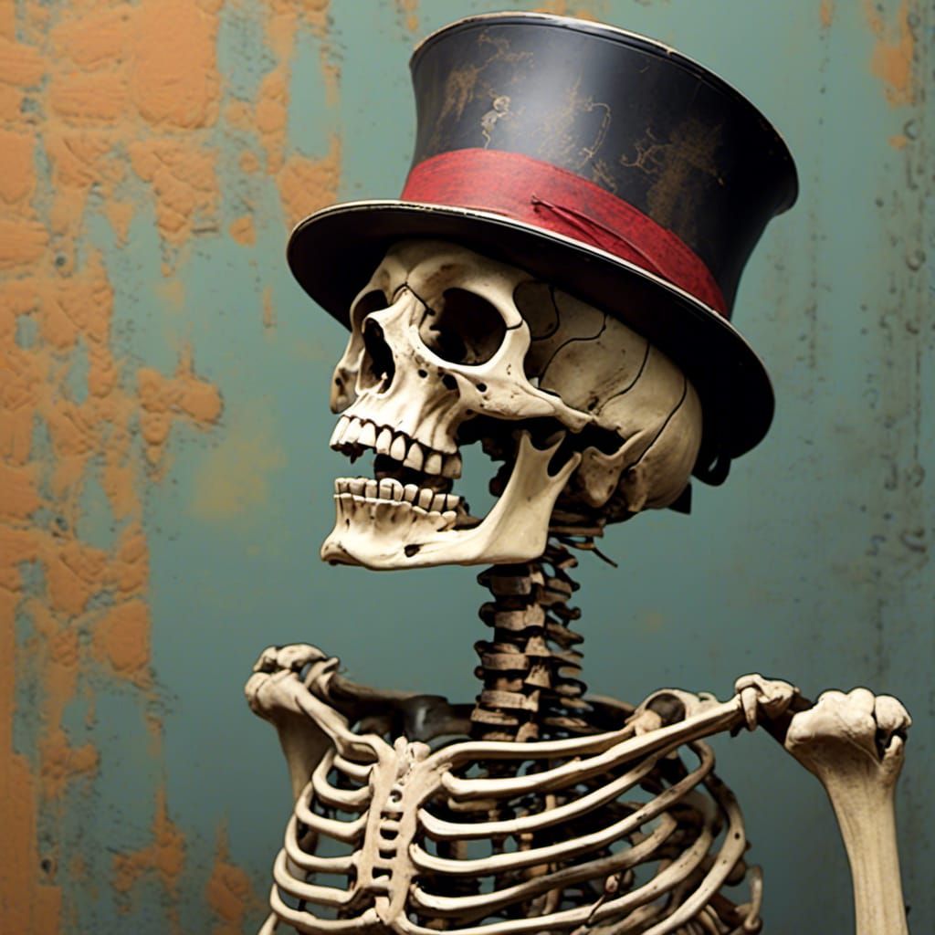 <lora:Boneyard:1.0> a full length skeleton with a Black stov...