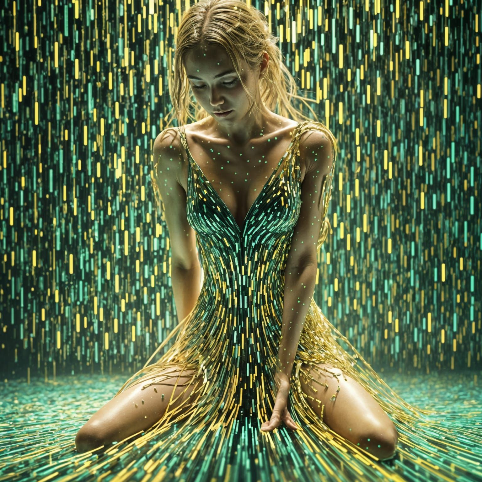 Surreal Digital Sculpture of Dancer Dissolving into Binary C...