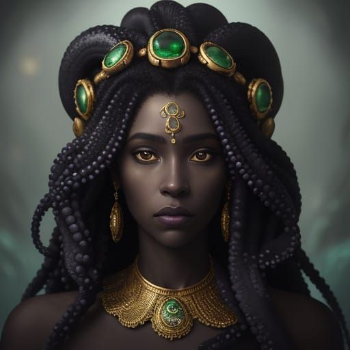 Mystical Octopus Goddess with Emerald and Gold Accents