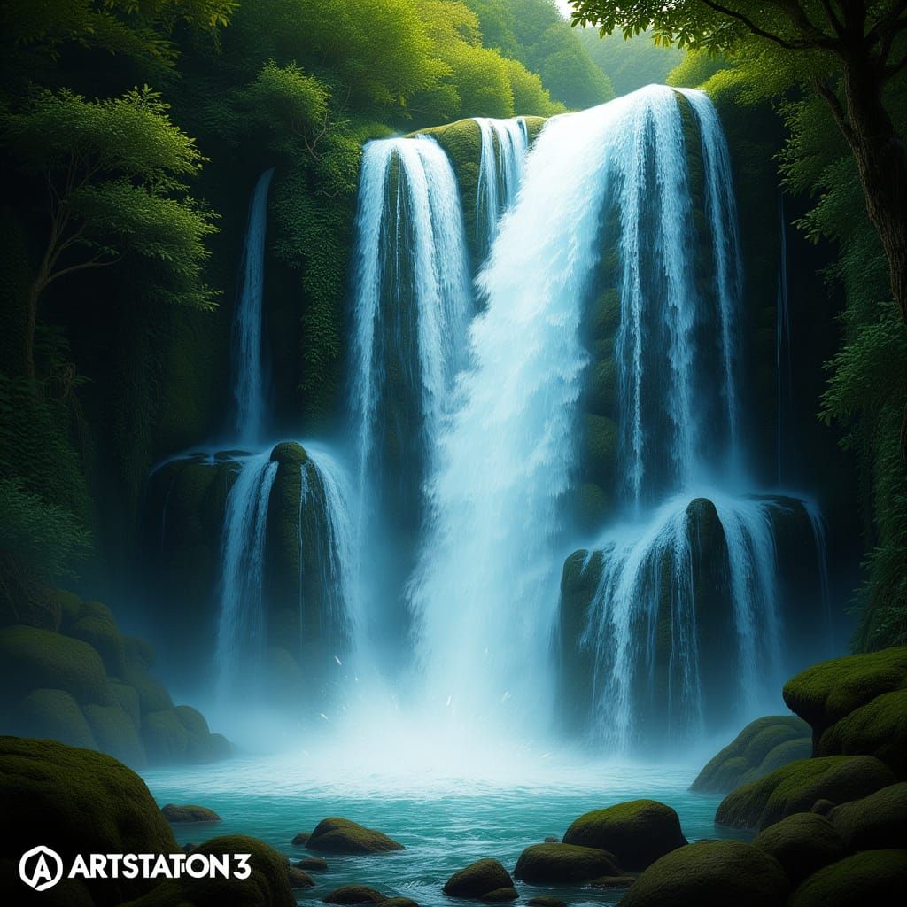 Bright Waterfall in Detailed Matte Painting