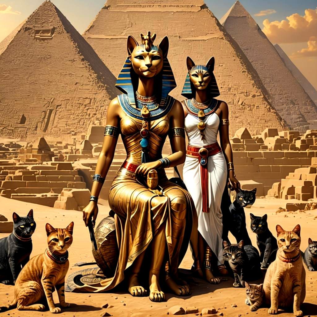 the Egyptian goddess Bastet in front of the Egyptian pyramid...
