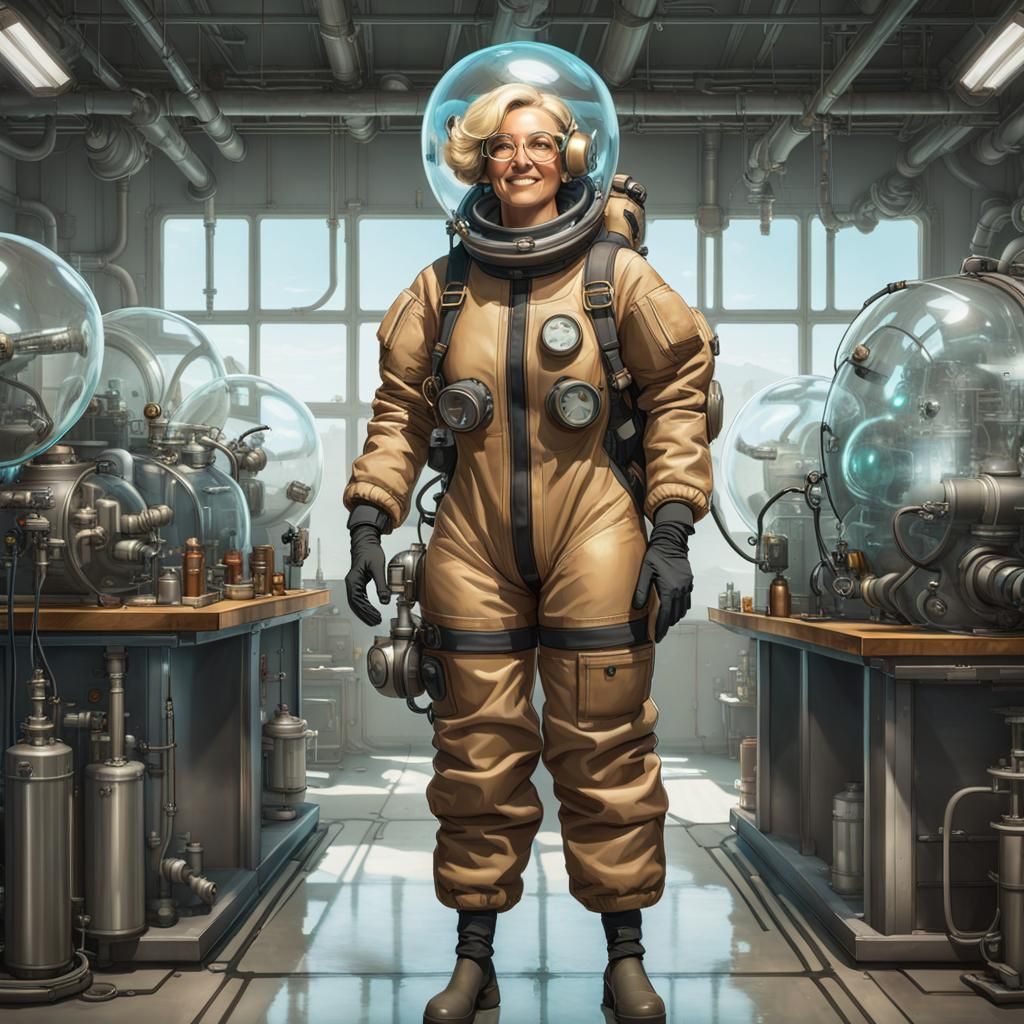 Steampunk Diving Suit in Laboratory Setting