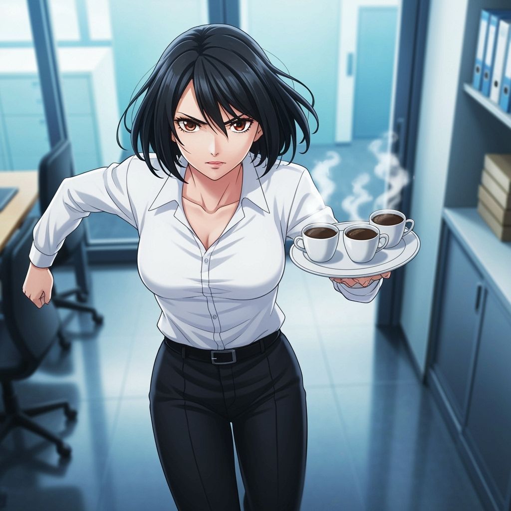 Anime Secretary's Coffee Rush in Modern Office