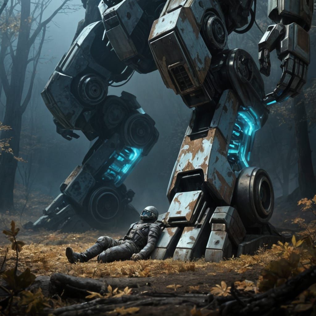 Colossal Mecha in Autumn Clearing: Sci-Fi Illustration