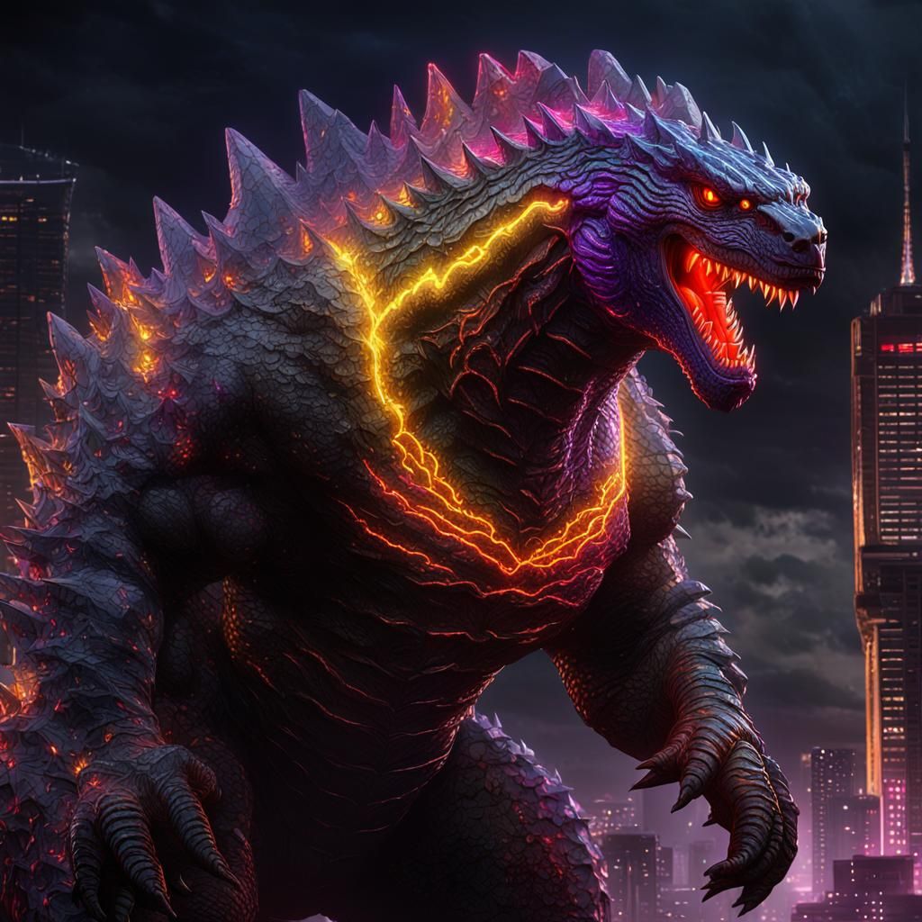 Godzilla with Neon Veins and Chrome Scales