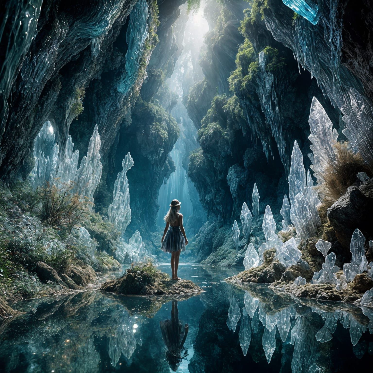 Woman in Crystal Cave with Quartz Geodes
