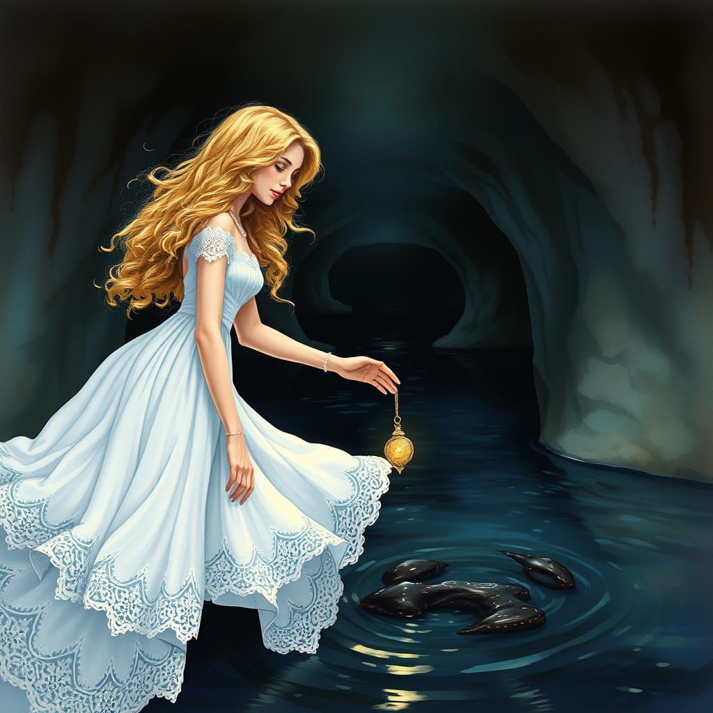 Mystical Woman Seeks Treasure in Dreamlike Realm beneath Bri...