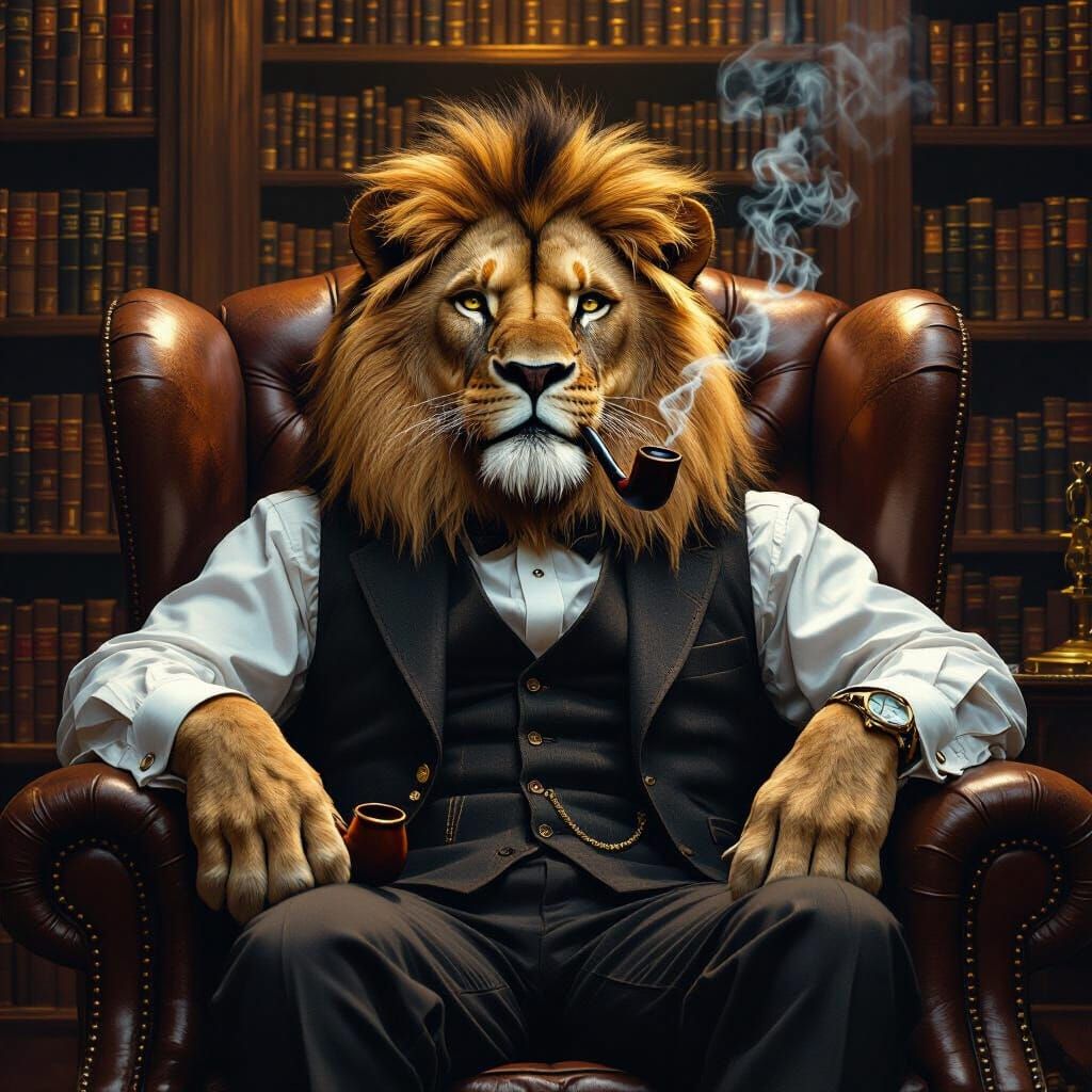 Lion Gentleman in Library, Hyperrealistic Concept Art