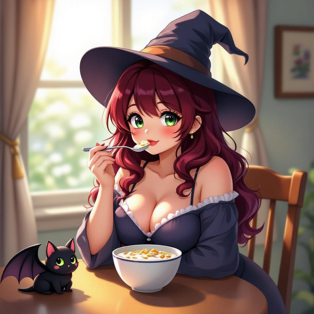 Anime Witch Girl Eating Cereal in Morning Sun