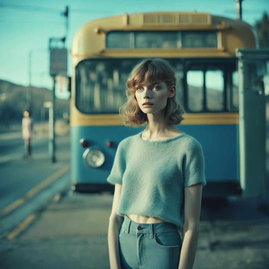 Cinematic Woman at Bus Stop in Ethereal Style