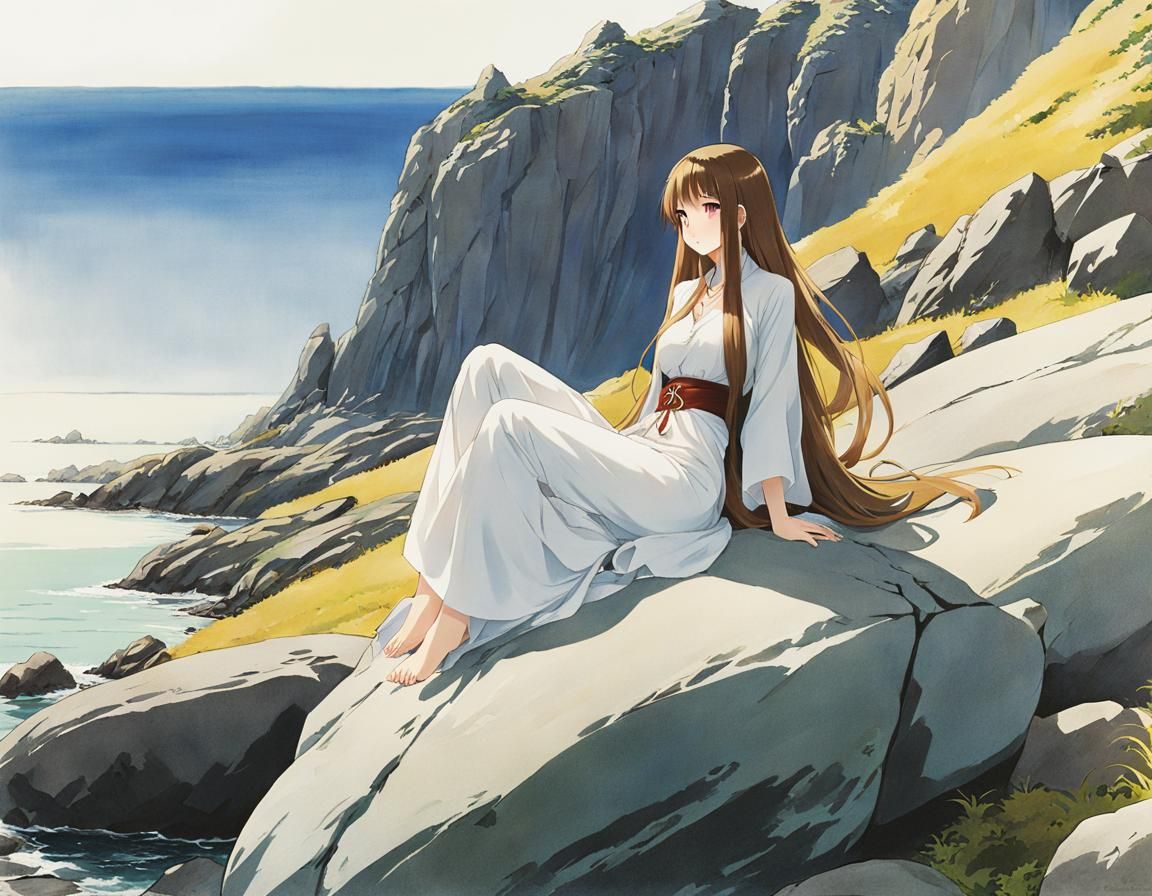 Anime Woman Absorbing Energy on Rock