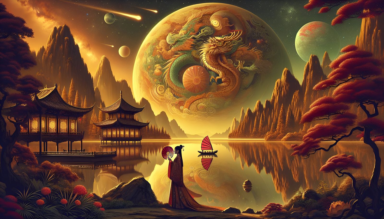 Mystical Twilight Landscape with Dragon Planet