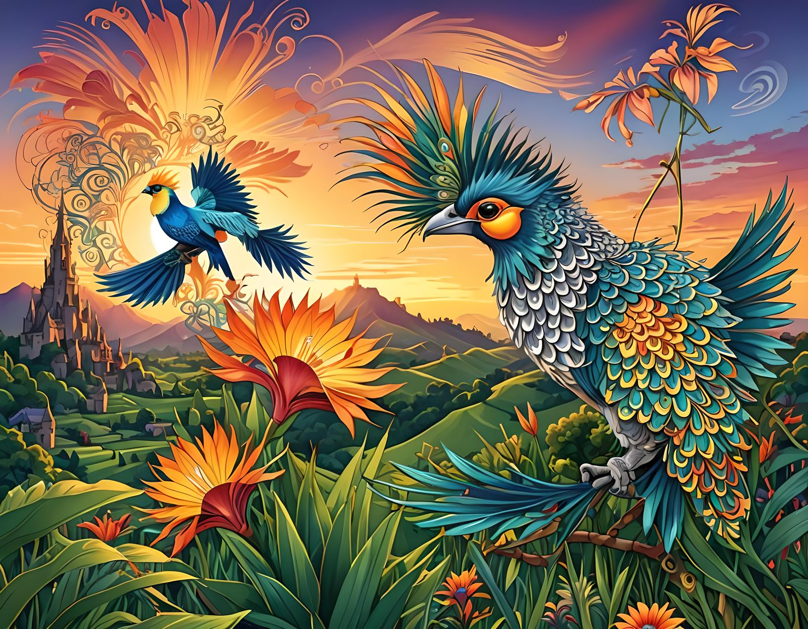 Cockatiel and Bird of Paradise Flower in Meadow