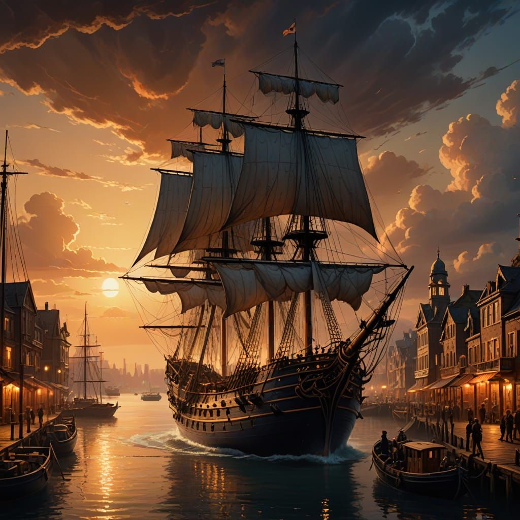 Majestic Ship Dominates Harbor in Golden Light