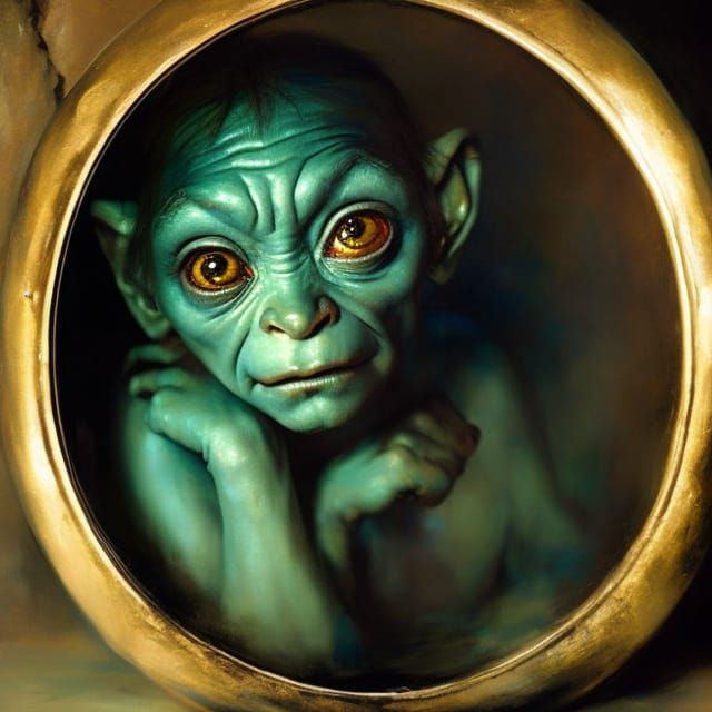 Gollum Portrait Holding Ring in Dark Cave