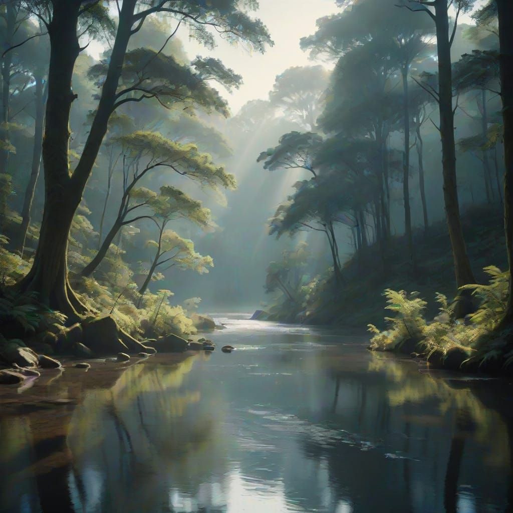 Misty Forest River with Sunlight