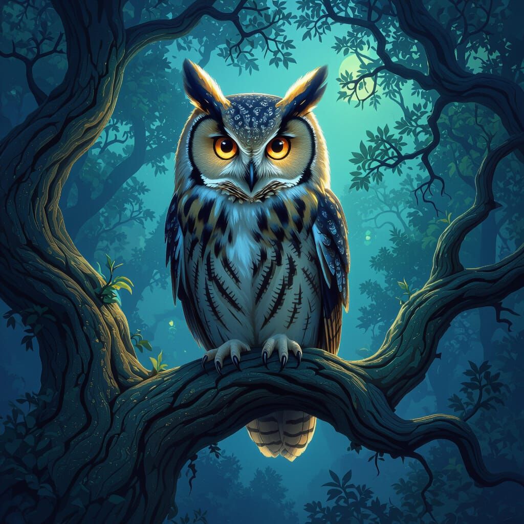Majestic Owl in Bioluminescent Forest Digital Painting