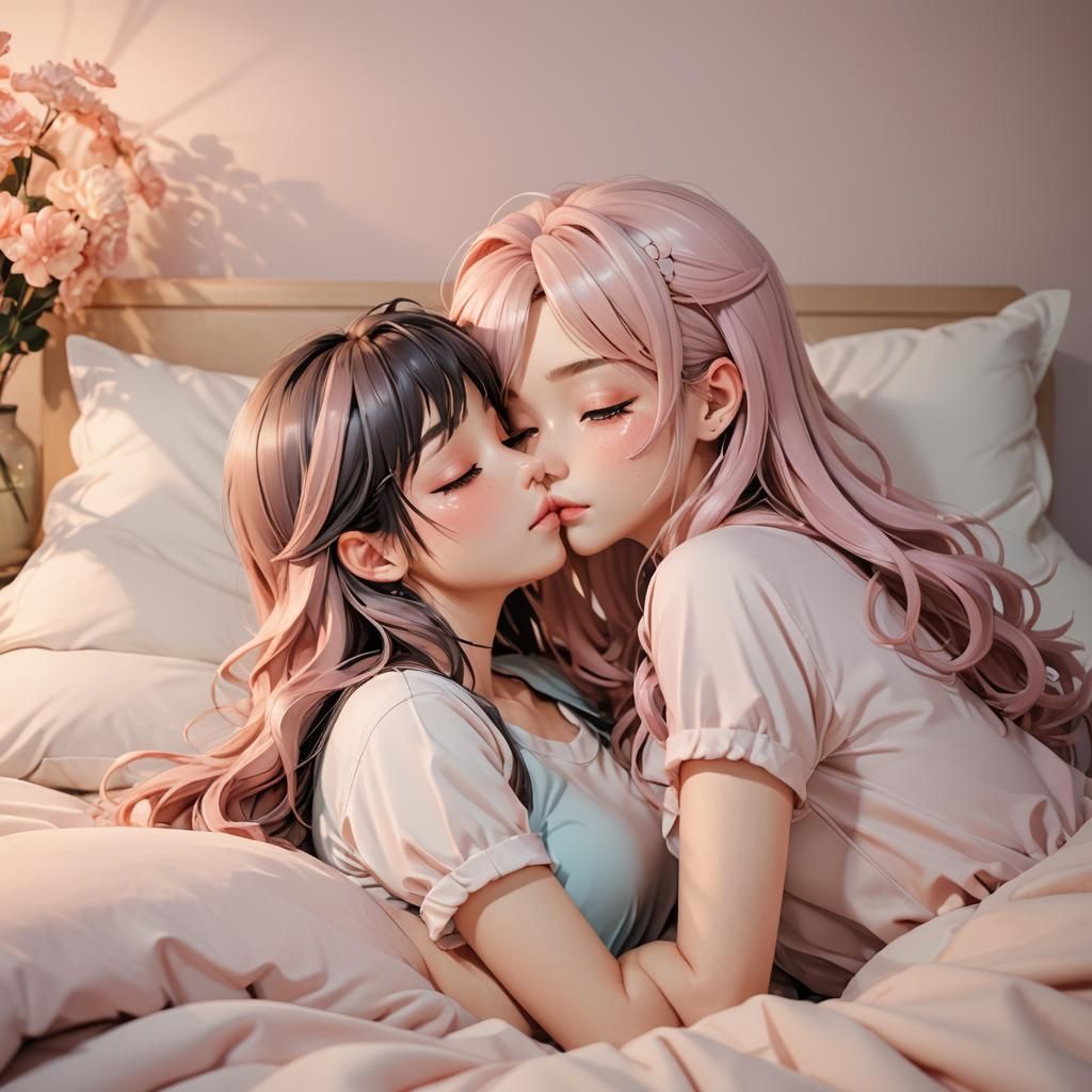 Romantic Anime Girls Kiss in Bed: 3D Rendered Art