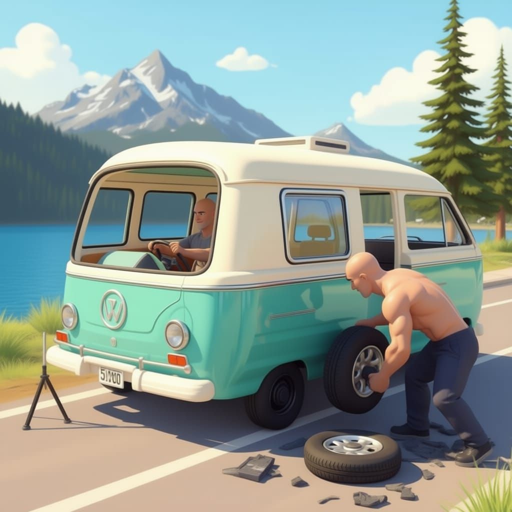 Bo Changing Tire on Highway 50 Near Lake Tahoe