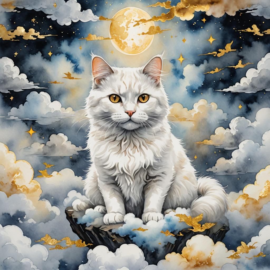 Fluffy White Cat in Heaven Watercolour Painting